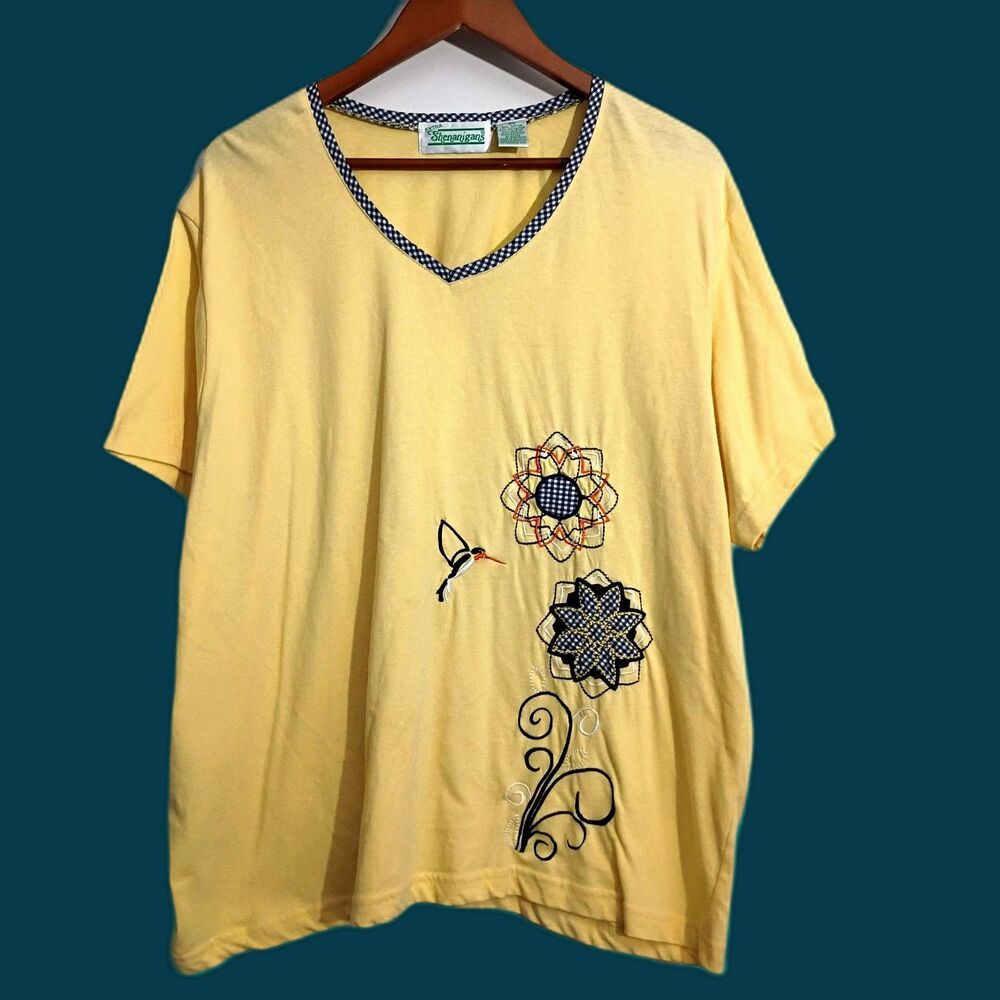 Extra Shenanigans Granny TShirt Embroidered Hummingbird Flower 3X Yellow Gingham